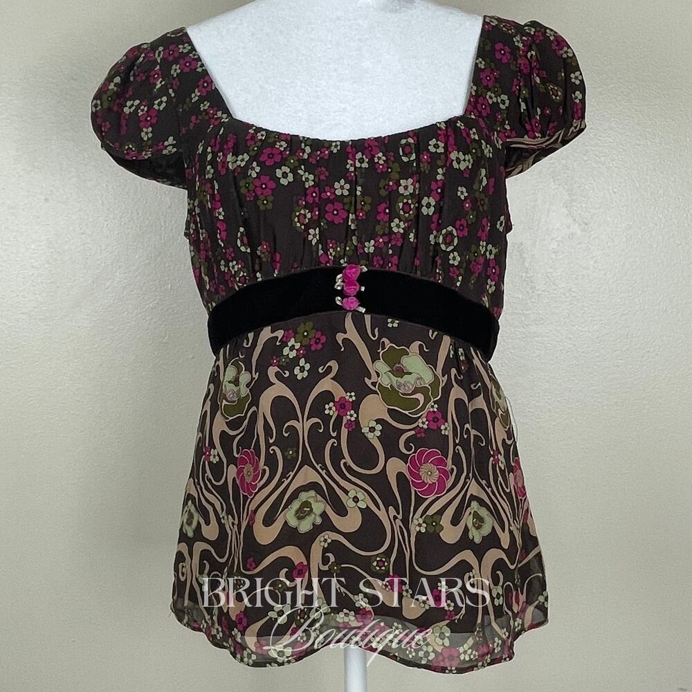 Rare Vintage Silk Floral Top ASO Rory Gilmore Girls Brown Pink Blouse Cap Sleeve - Picture 5 of 11